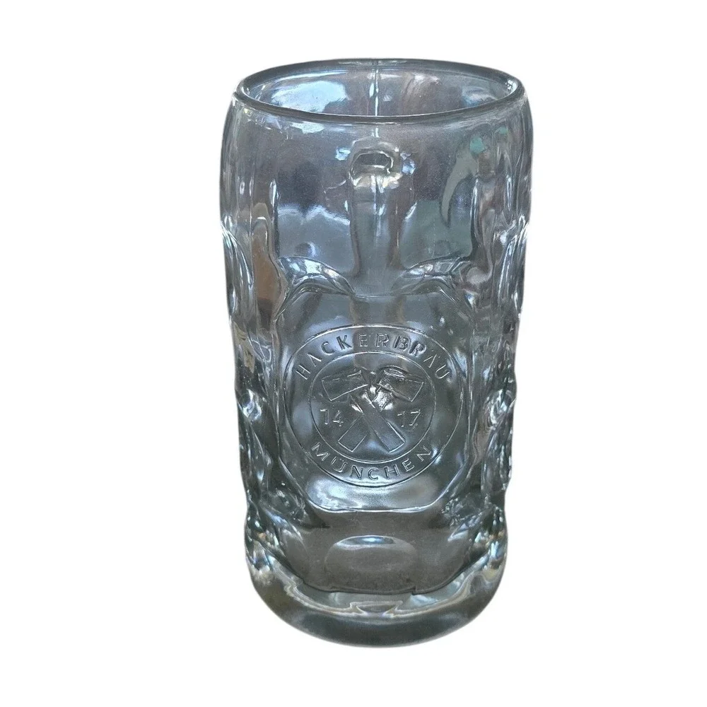 Vintage Tall 1L Hackerbrau Munchen Beer Mug Dimpled Glass Stein 1417 Munich Logo